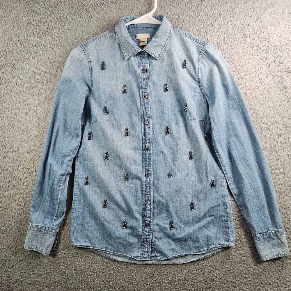 J Crew Denim Shirt Women Size‎ 00 Jewel Embellished Button Up Long Sleeve Blue